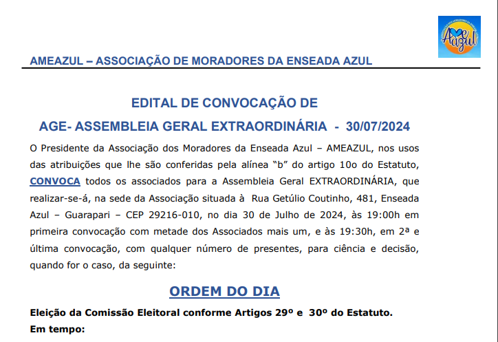 EDITAL DE AGO ELEIÇÃO JULHO 2024 – AMEAZUL