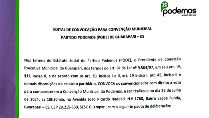 Edital de Convocação para Convenção Municipal Partido Podemos (PODE) de Guarapari