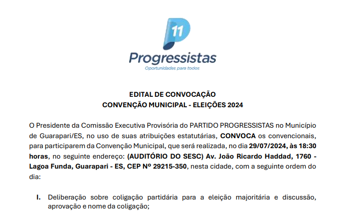 EDITAL DE CONVOCAÇÃOCONVENÇÃO MUNICIPAL – ELEIÇÕES 2024