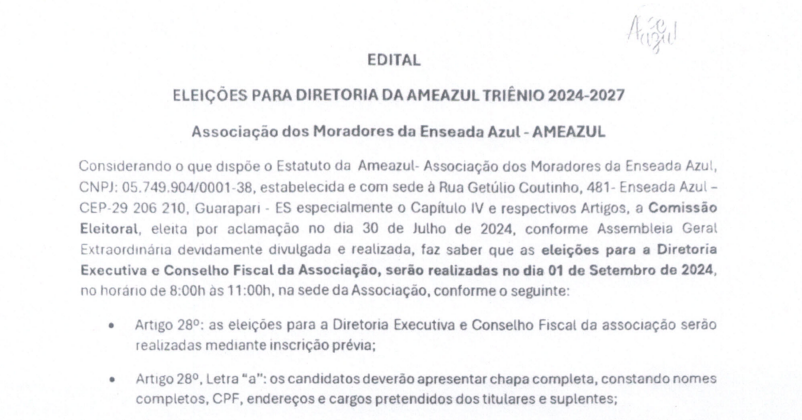 ELEIÇÕES PARA DIRETORIA DA AMEAZUL TRIÊNIO 2024-2027