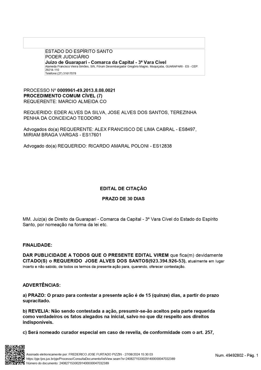 Edital de Citação de Jose Alves dos Santos (923.394.926-53)