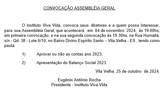 Convocação Assembléia Geral Instituto Viva Vida