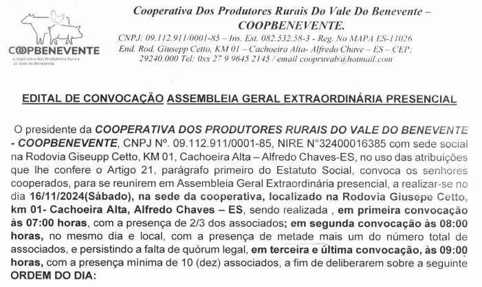COOPBENEVENTE – Edital de Convocação Assembleia Geral Extraordinária Presencial
