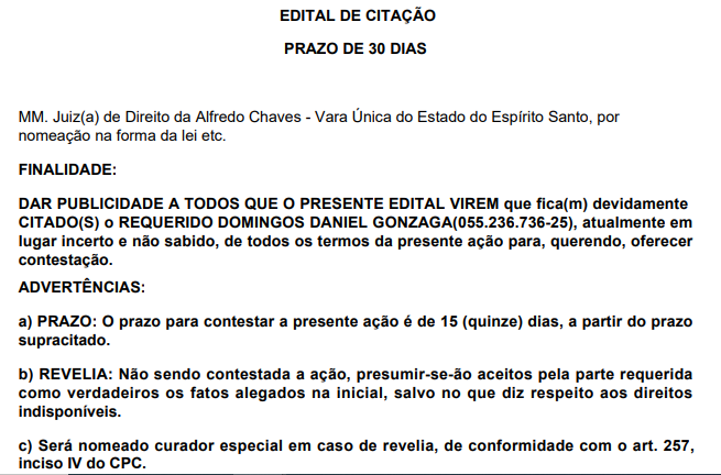 EDITAL DE CITAÇÃO – DOMINGOS DANIEL GONZAGA