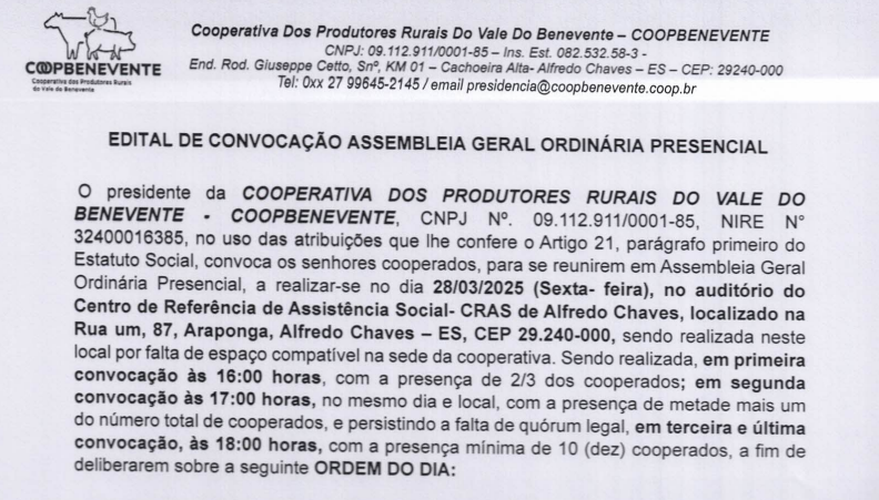 EDITAL DE CONVOCAÇÃO ASSEMBLEIA GERAL ORDINÁRIA PRESENCIAL