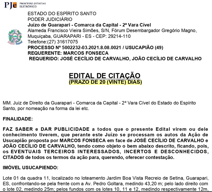 Processo Nº 5002232-03.2021.8.08.0021 Da Comarca da Segunda Vara Cível de Guarapari – do Tribunal de Justiça do ES