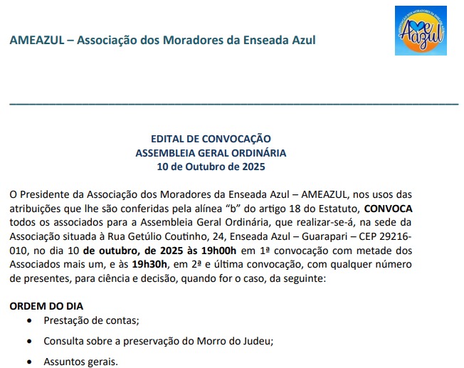 AMEAZUL EDITAL DE CONVOCAÇÃOASSEMBLEIA GERAL ORDINÁRIA10 de Outubro de 2025