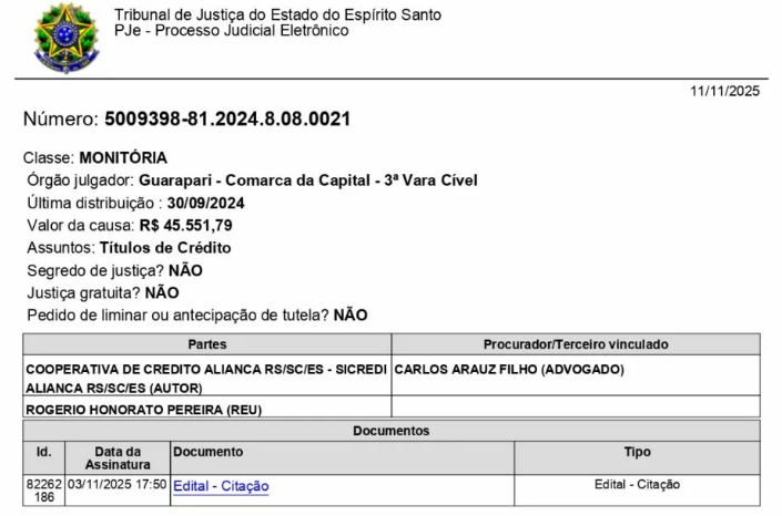 Edital de citação, ROGERIO HONORATO PEREIRA(019.926.087-76), autos 5009398-81.2024.8.08.0021