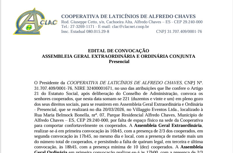 EDITAL DE CONVOCAÇÃOASSEMBLEIA GERAL EXTRAORDINÁRIA E ORDINÁRIA CONJUNTA Presencial