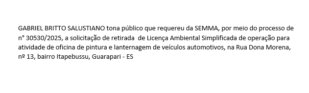GABRIEL BRITTO SALUSTIANO tona público que requereu da SEMMA, por meio do processo de n° 30530/2025
