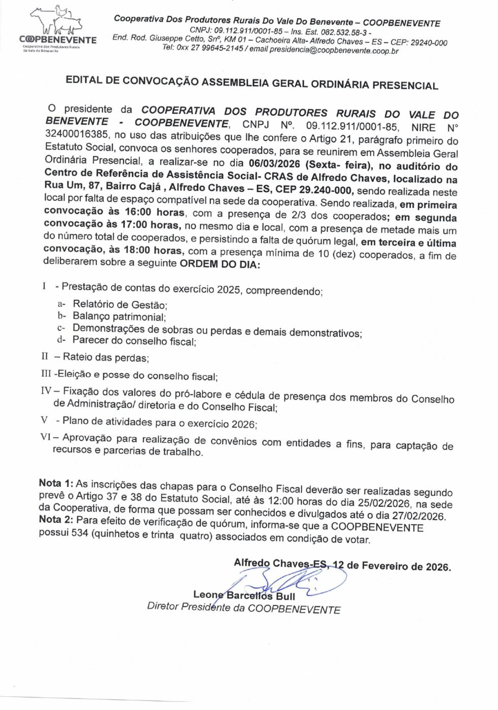 COOPBENEVENTE EDITAL DE CONVOCAÇÃO ASSEMBLEIA GERAL ORDINÁRIA PRESENCIAL 1 edital 2 page 0001