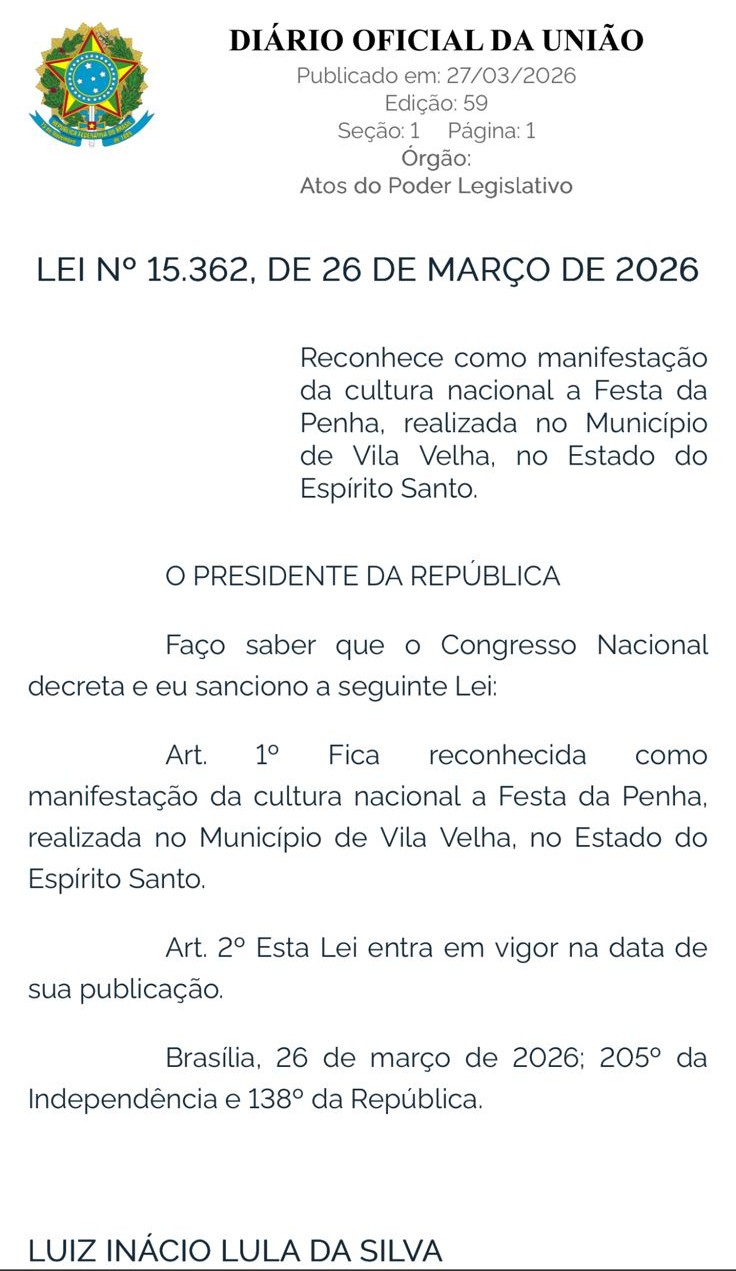 Lei reconhece a Festa da Penha como manifestação cultural nacional 2 DIARIO OFICIAL FESTA DA PENHA