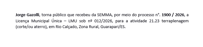 Jorge Gazolli, torna público que recebeu da SEMMA, por meio do processo n°. 1900/2026