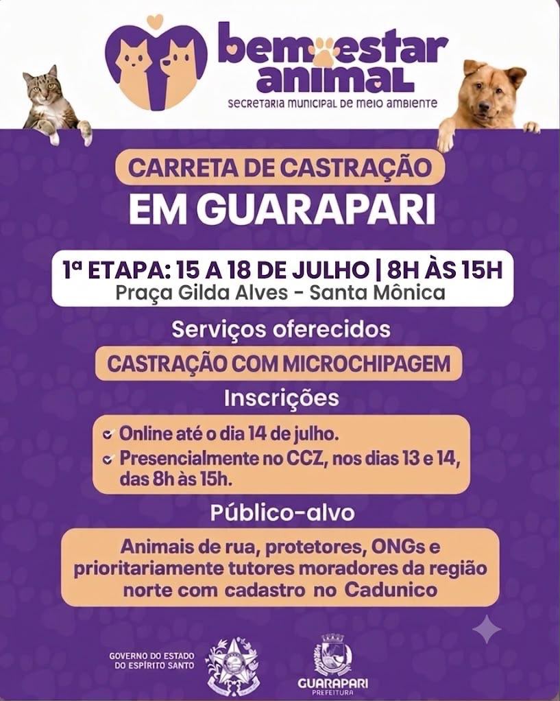 Inscrições abertas para castração gratuita de cães e gatos em Guarapari 2 WhatsApp Image 2026 07 13 at 08.54.44