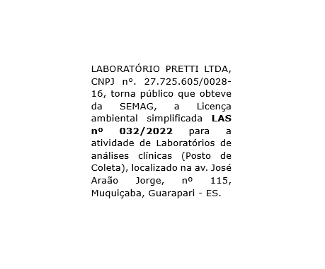 LABORATÓRIO PRETTI LTDA, obteve Licença ambiental simplificada LAS nº 032/2022
