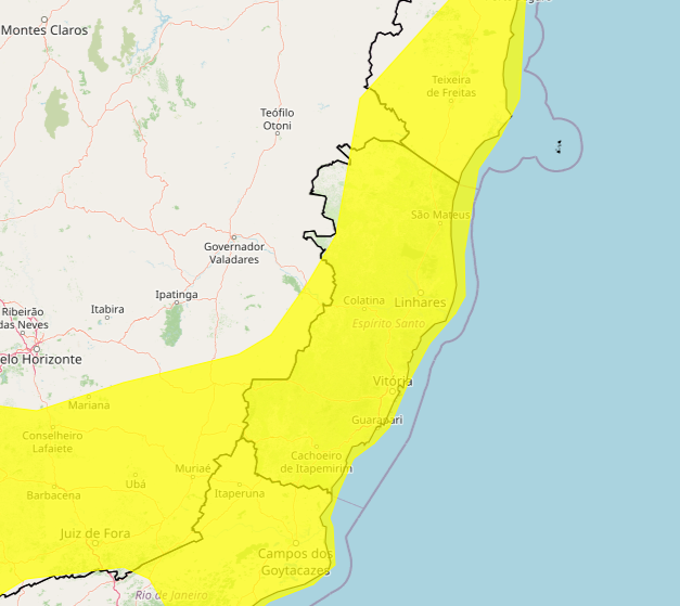 Instituto emite alertas de vendaval e ventos costeiros para Guarapari; veja a previsão 2 alerta amarelo