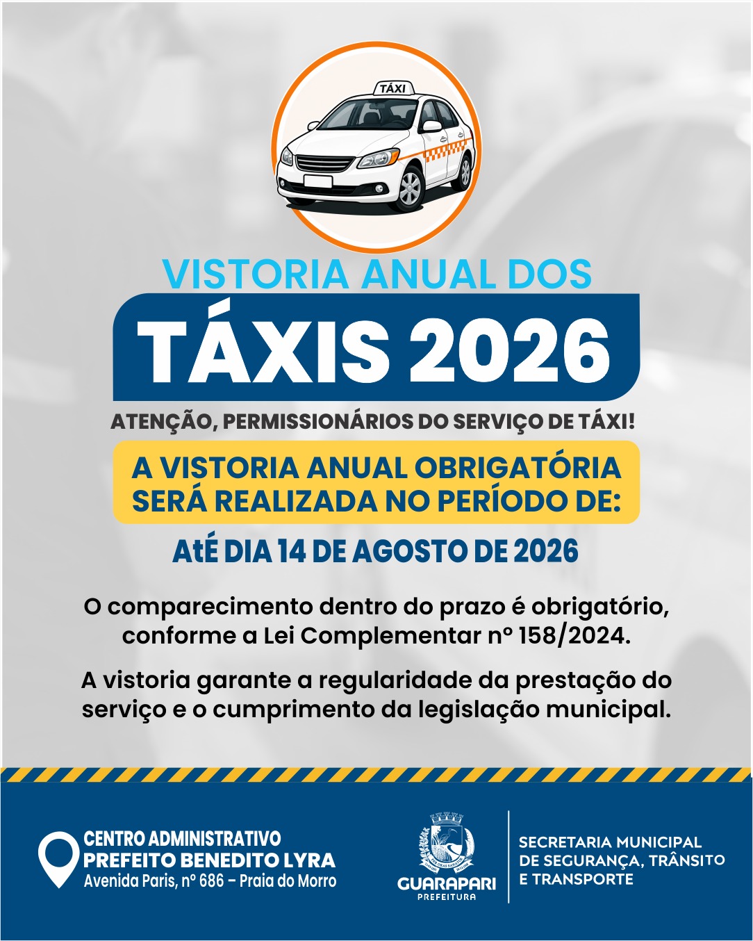 Vistoria anual obrigatória dos táxis de Guarapari segue até 14 de agosto 2 taxistas 2026