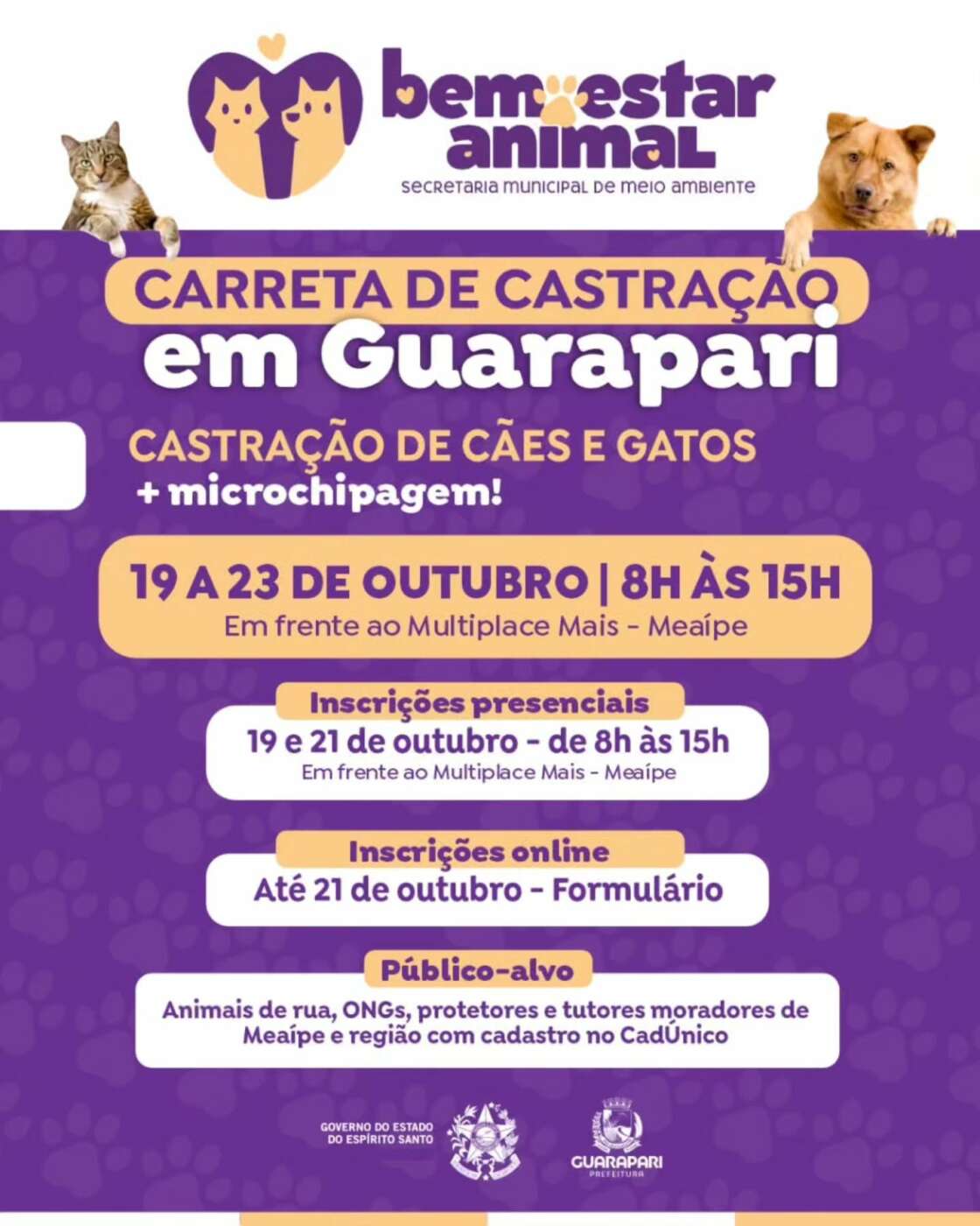 Guarapari: carreta de castração atende cães e gatos em Meaípe até sexta (23) 1 🐾 Alo tutores e protetores de Meaipe e regiao A Carreta de Castracao esta chegando para cuid