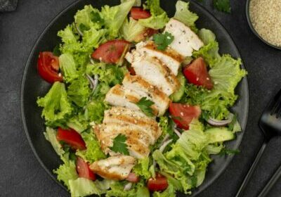 flat-lay-salad-with-chicken-sesame-seeds