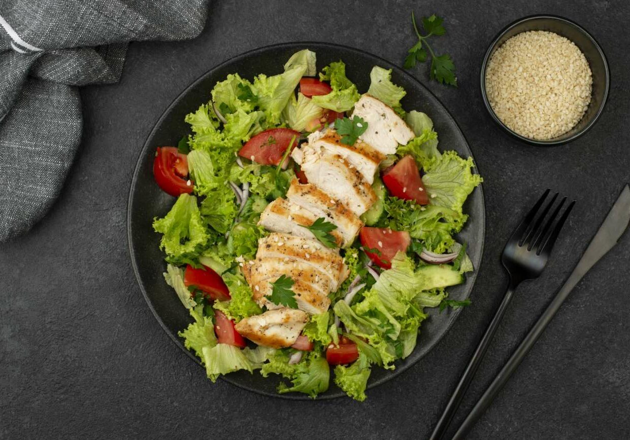 flat-lay-salad-with-chicken-sesame-seeds